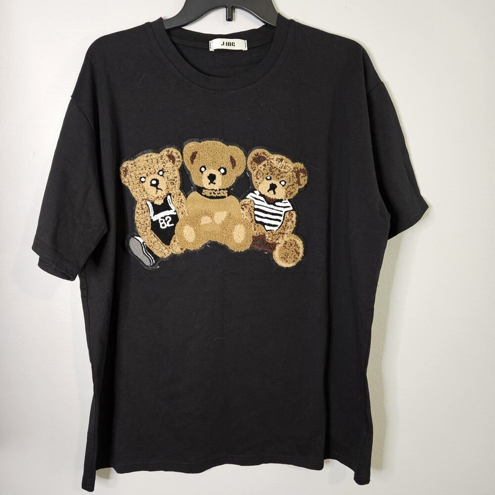 J.Inc 3 Bears Sports Short Sleeve T-Shirt Womens Size XL Plush Applique Black
